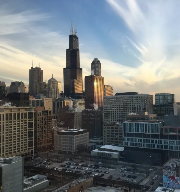 View of the Chicago skyline at dusk.